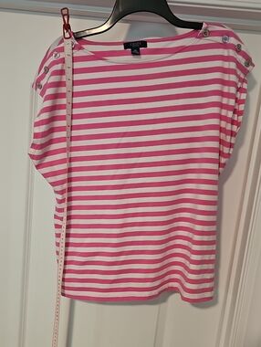 Chaps Pink & White Striped Short Sleeve Top with Shoulder Buttons